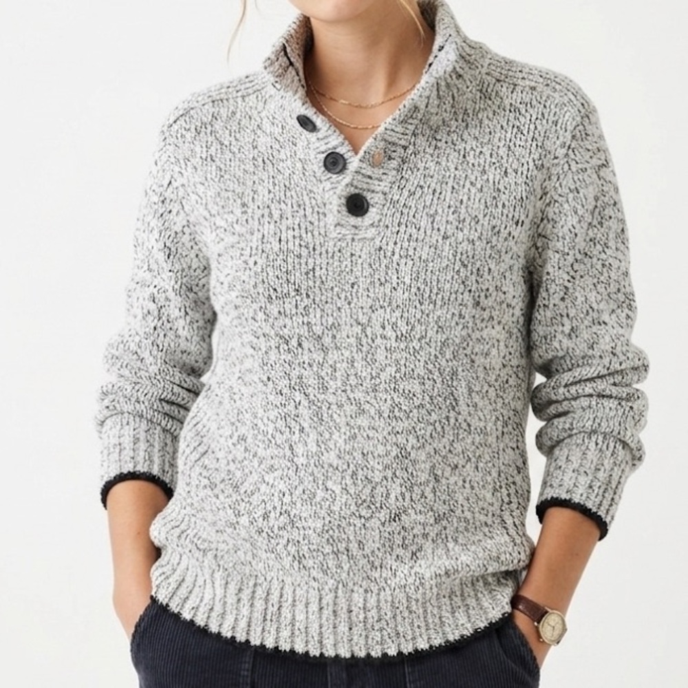 ROOTS Y2K Cabin Collection Snowy Fox Salt Pepper Mock Neck Cotton Knit Sweater